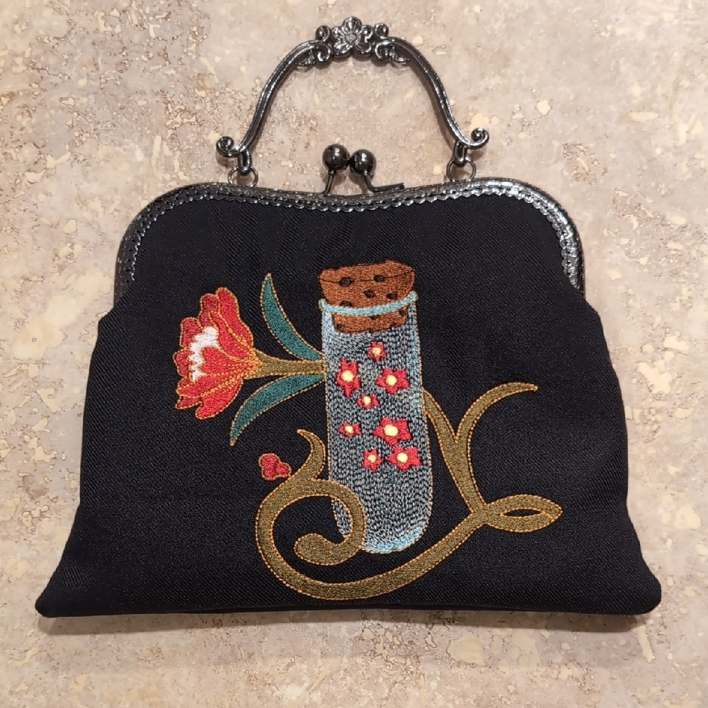 Embroidered Black Clutch with Floral Design